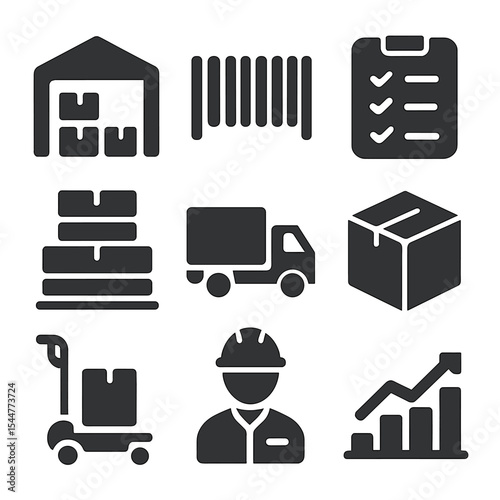 Inventory Icon Set. Solid, filled icons set of inventory management and logistics: warehouse icon, barcode