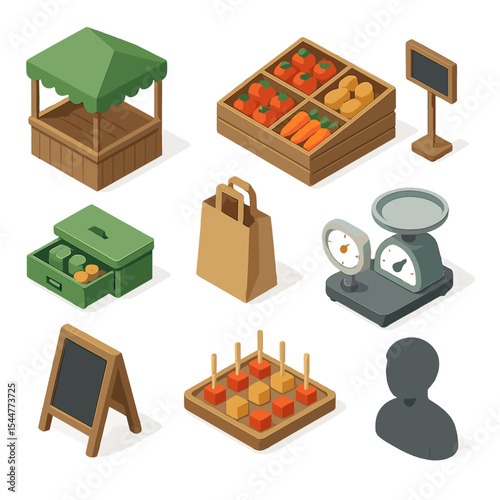 Farmers Market Icon Set. Isometric Flat icon set of farmers market stall: market tent, produce display, price sign, cash box,