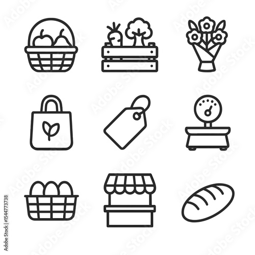 Farmers Market Icons. Outline icon set of farmers market visits: fruit basket, vegetable crate, flower bouquet, reusable bag,