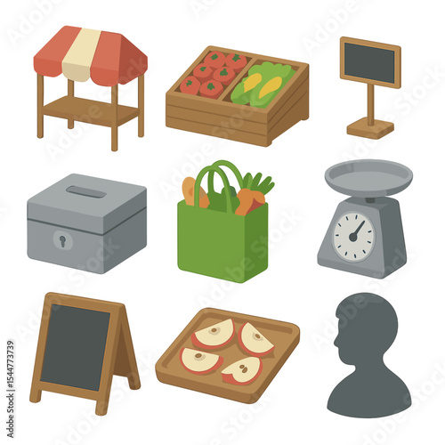 Farmers Market Icon Set. Isometric Flat icon set of farmers market stall: market tent, produce display, price sign, cash box,