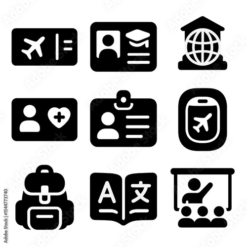 International Student Icons. Solid, filled icons set of international student travel: boarding pass, study