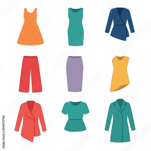 Fashion Silhouette Icons. Isometric Flat icon set of silhouette composition: A-line dress, sheath dress, wrap top, wide-leg pants,