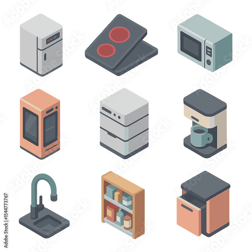 Space-Saving Kitchen Appliances. Isometric Flat icon set of space-saving smart kitchen appliances: compact smart refrigerator,