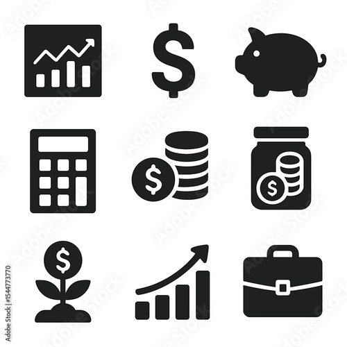 Investment Icons Grid. Solid, filled icons set of investment planning: stock market graph, dollar sign, piggy