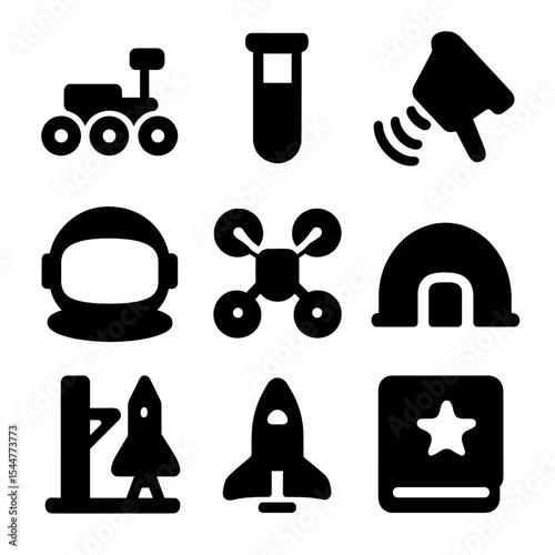 Space Mission Icons. Solid, Filled icon set of research and exploration missions: rover vehicle, sample vial, scanning probe, data