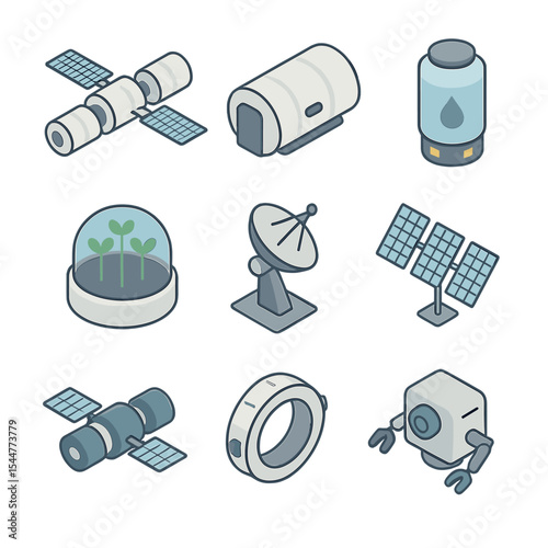 Space Station Infrastructure Icons. Isometric Flat icon set of support station infrastructure: space station, habitat module, life
