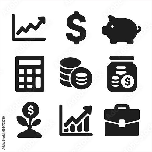 Investment Icons Grid. Solid, filled icons set of investment planning: stock market graph, dollar sign, piggy