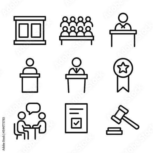 Petit Jury Icons. Outline icon set of petit jury: courtroom bench, seated jurors, judge, witness stand, attorney podium, jury