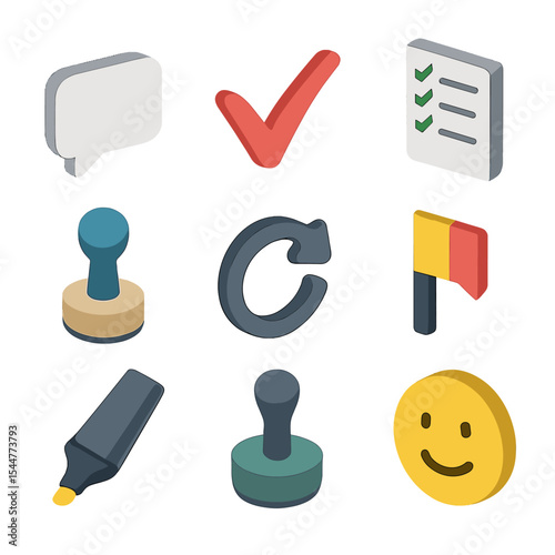 Feedback Icons Grid. Isometric Flat icon set of feedback and revision: comment bubble, red pen mark, checklist, teacher stamp,
