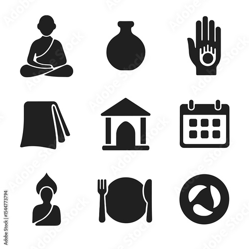 Jain Fasting Icons. Solid, filled icons set of Jain fasting customs: spiritual monk, water vessel, hand of non