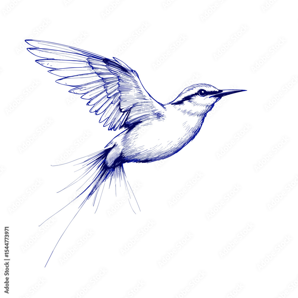 Obraz premium Bird flying in blue ink with vintage sketch style on white background 