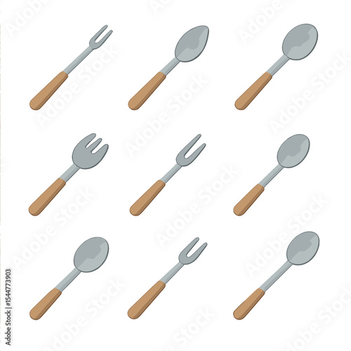 Specialty Utensil Icons. Isometric Flat icon set of specialty utensils: fondue fork, grapefruit spoon, iced tea spoon, spork,