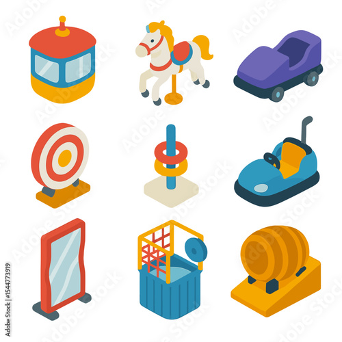 Festival Rides Icons. Isometric Flat icon set of festival rides and games: Ferris wheel cabin, carousel horse, roller coaster car,