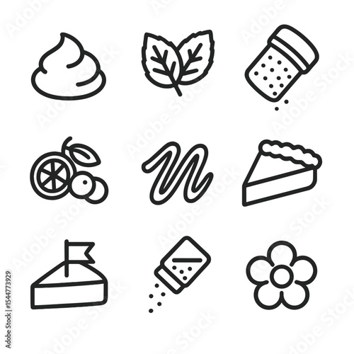 Pie Decoration Icons. Outline icon set of pie presentation and decoration: whipped cream dollop, mint leaf, powdered sugar shaker,