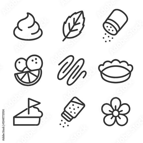 Pie Decoration Icons. Outline icon set of pie presentation and decoration: whipped cream dollop, mint leaf, powdered sugar shaker,