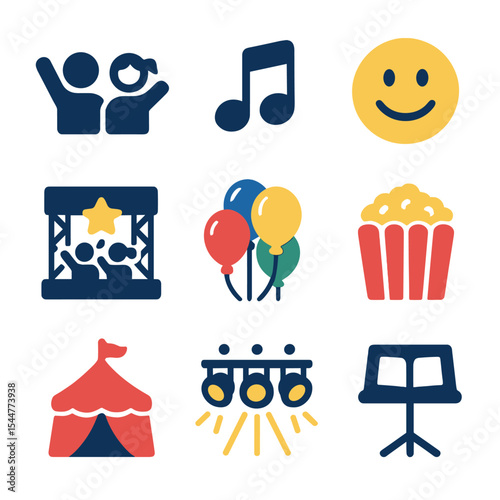 Kids Concert Icons. Solid, filled icons set of kids' concert excitement: children, music note, happy face,