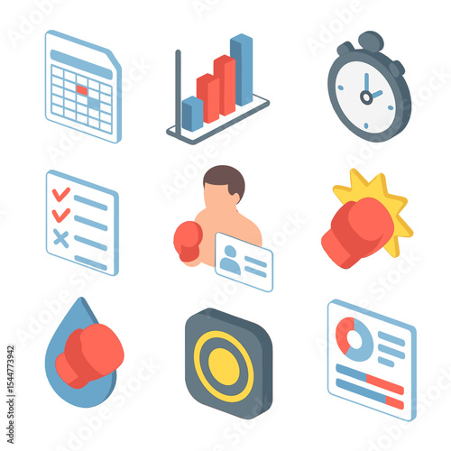 Fight Stats Icon Set. Isometric Flat icon set of fight statistics and analytics: scorecard, punch count chart, timer, win-loss