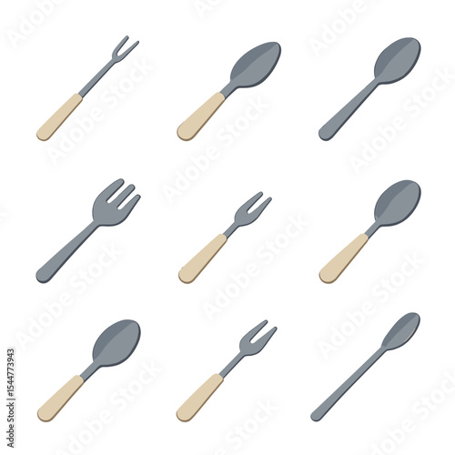 Specialty Utensil Icons. Isometric Flat icon set of specialty utensils: fondue fork, grapefruit spoon, iced tea spoon, spork,