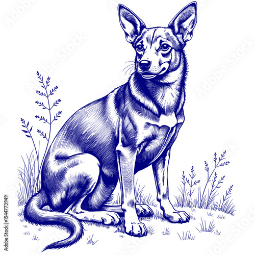 Dog illustration in blue ink on white background with grass  
