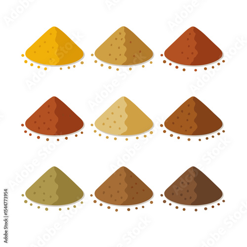 Spice Icon Set. Isometric Flat icon set of common ground spices: turmeric powder, cumin powder, paprika powder, cinnamon powder,