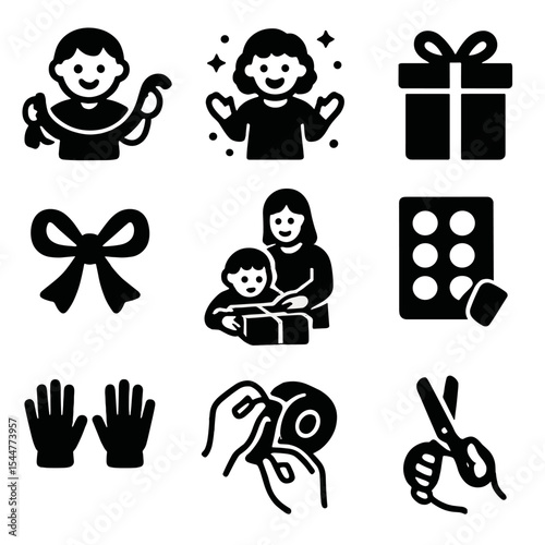 Kids Gift Wrapping Icons. Solid, filled icons set of kids helping with gift wrap: child with ribbon, glitter
