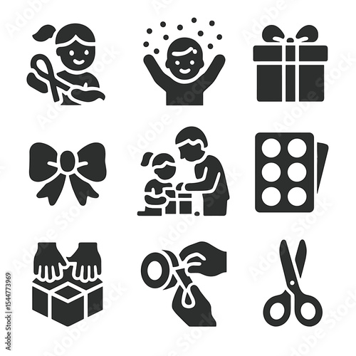 Kids Gift Wrapping Icons. Solid, filled icons set of kids helping with gift wrap: child with ribbon, glitter