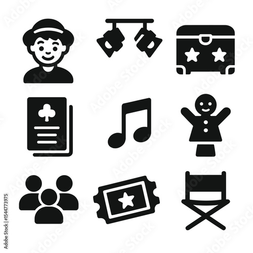 Kids' Performance Icons. Solid, filled icons set of kids' performance: child actor, stage lights, costume