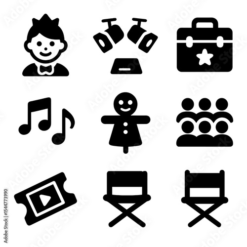 Kids' Performance Icons. Solid, filled icons set of kids' performance: child actor, stage lights, costume