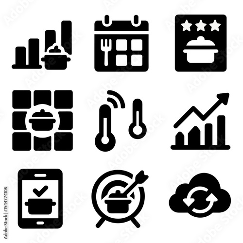 Kitchen Data Icons. Solid, filled icons set of kitchen data and analytics: usage graph, cooking frequency,