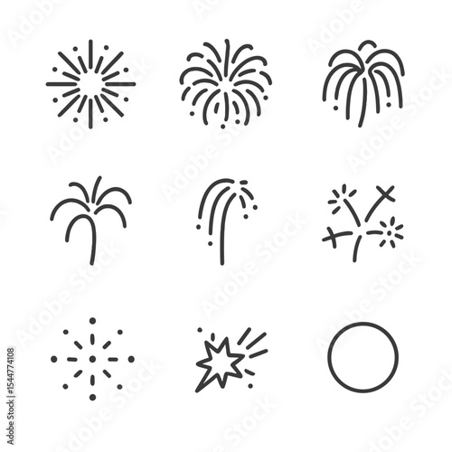 Firework Icon Grid. Outline icon set of pyrotechnic shapes: chrysanthemum, peony, willow, palm, horsetail, crossette, strobe,