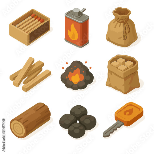 Fire Starting Icons. Isometric Flat icon set of fire-starting accessories: matchbox, lighter fluid can, tinder pouch, kindling