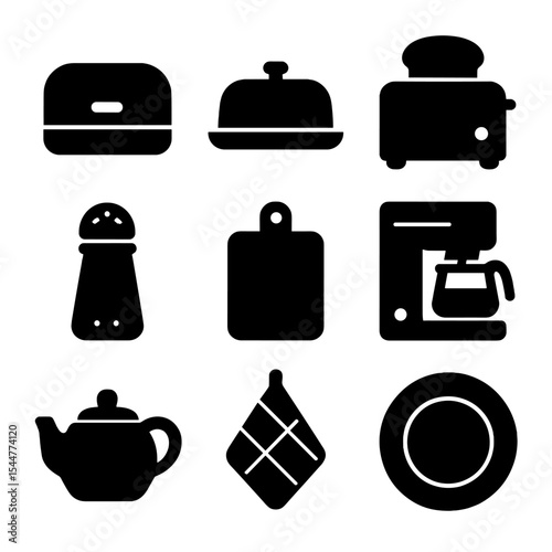 Kitchen Essentials Icons. Solid, filled icons set of kitchen countertop essentials: bread box, butter dish,