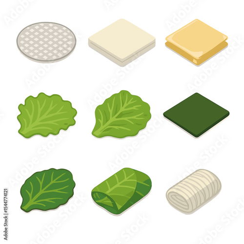 Spring Roll Wrapper Icons. Isometric Flat icon set of spring roll wrappers types: rice paper sheet, wheat flour wrapper, egg roll