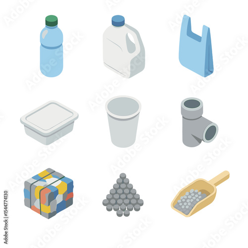 Plastic Recycling Icons. Isometric Flat icon set of plastic recycling types: PET bottle, HDPE jug, LDPE bag, PP container, PS cup,