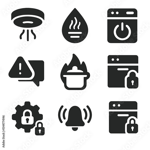 Kitchen Safety Tech Icons. Solid, filled icons set of kitchen safety tech: smoke detector, gas leak sensor,