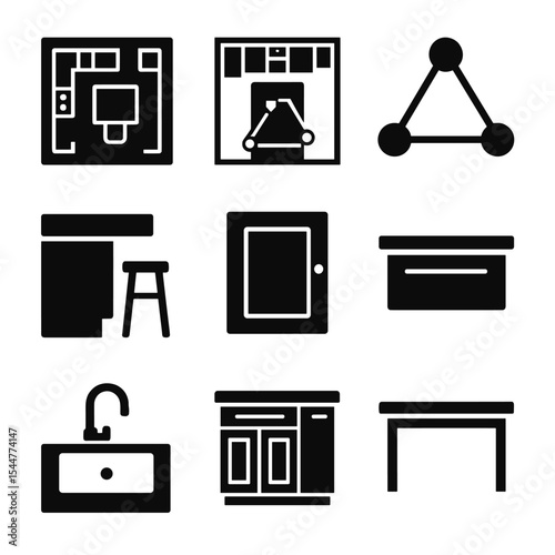 Kitchen Island Icons. Solid, filled icons set of kitchen island design: kitchen blueprint, island layout, work
