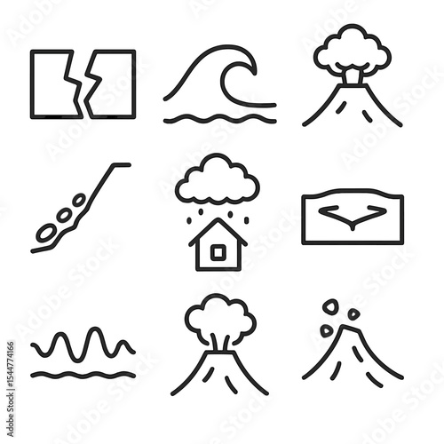 Plate Tectonics Hazards Icons. Outline icon set of plate interaction hazards: megathrust quake, tsunamigenic crest, volcanic