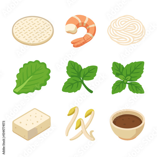 Spring Roll Ingredients Icons. Isometric Flat icon set of fresh spring rolls ingredients: rice paper wrapper, shrimp, rice