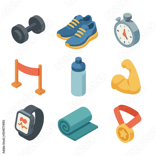 Fitness Milestone Icons. Isometric Flat icon set of fitness milestone moments: dumbbell, running shoes, stopwatch, finish line