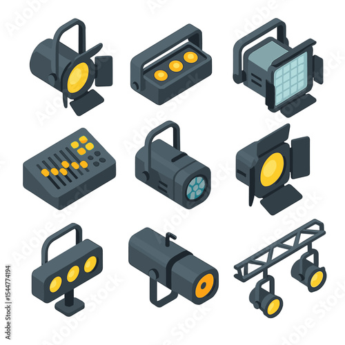 Stage Lighting Icons. Isometric Flat icon set of stage lighting equipment: spotlight, footlight, floodlight, dimmer board, gobo