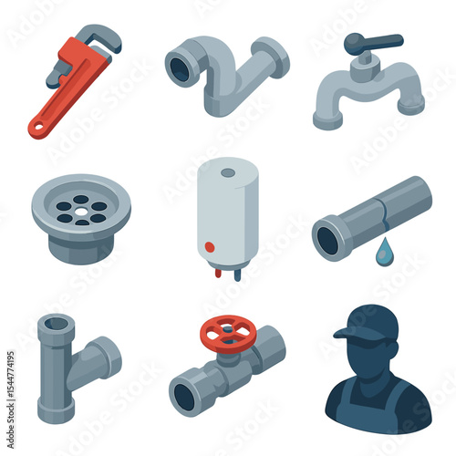 Plumbing Tools Icon Set. Isometric Flat icon set of plumbing installation pieces: pipe wrench, PVC pipe, faucet, drain, water
