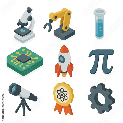 STEM Icon Set. Isometric Flat icon set of STEM engagement activities: microscope, robot arm, test tube, circuit board, rocket, π