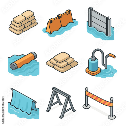 Flood Defense Icons. Isometric Flat icon set of flood barriers and sandbag defense: sandbag wall, portable barrier, steel
