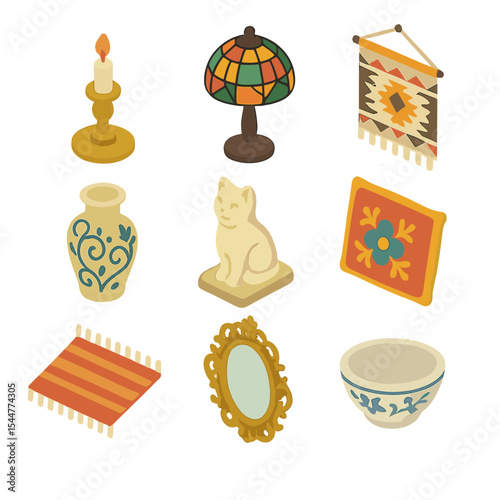Isometric Flea Market Icons. Isometric Flat icon set of flea market home decor: brass candlestick, stained glass lamp, tapestry