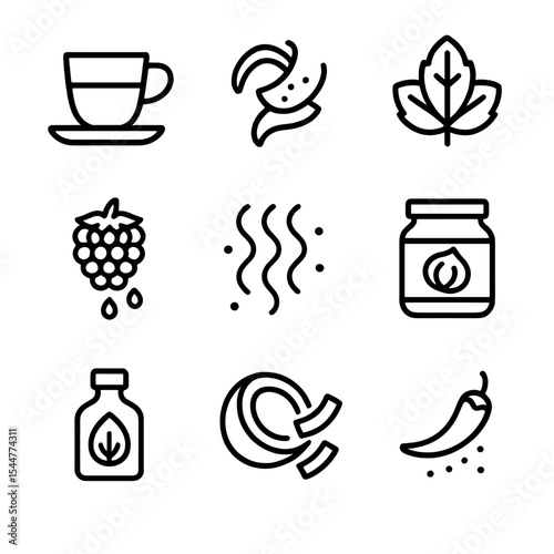 Flavor Infusion Icons. Outline icon set of flavor infusions: espresso shot, orange zest, mint leaf, raspberry coulis, salted