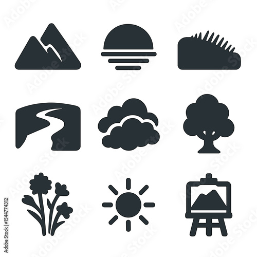 Landscape Icon Grid. Solid, filled icons set of landscape painting themes: mountain scene, sunset sky, grassy