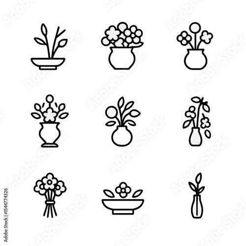 Floral Arrangement Icons. Outline icon set of arrangement styles: Ikebana style, mass arrangement, casual cluster, formal