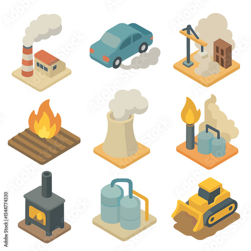 Pollution Source Icons. Isometric Flat icon set of pollution sources: factory smokestack with smoke, car exhaust tailpipe,