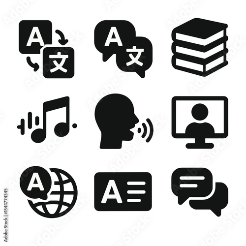 Language Learning Icons. Solid, filled icons set of language learning and literac