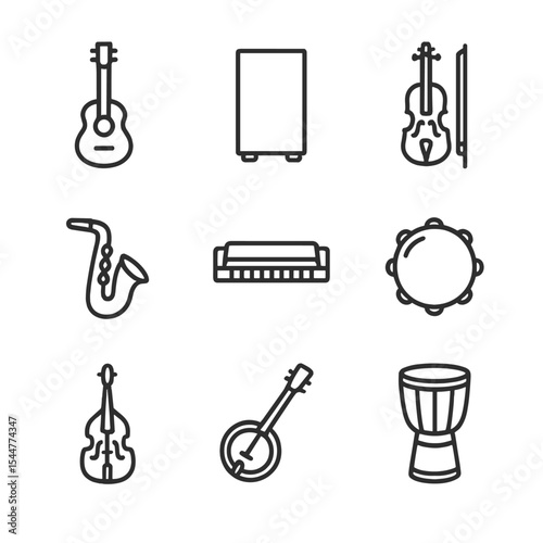 Street Music Icons. Outline icon set of street musician instruments: acoustic guitar, cajon drum, violin, saxophone, harmonica,